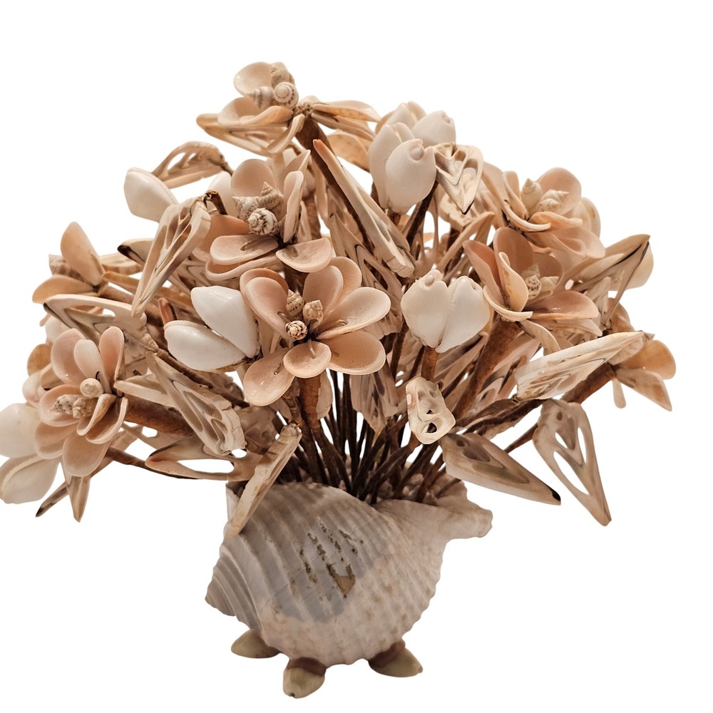 Vintage Handcrafted Sea Shell Flower Bouquet Arrangement in Conch Shell Base 8in